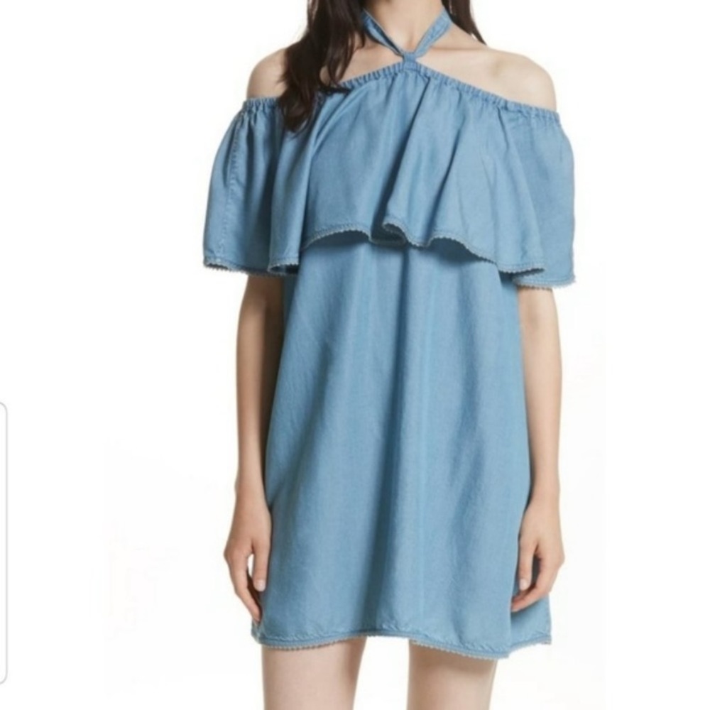 Rebecca Minkoff Havasu blue chambray off-the-shoulder mini dress 100% Lyocel